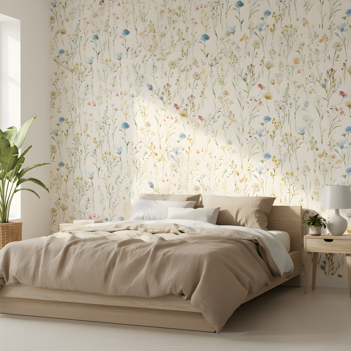 Beige Wildflower Wallpaper | Watercolor Floral Pattern, Blue Yellow Botanical Peel and Stick Wallpaper, Neutral Bedroom Nursery Decor