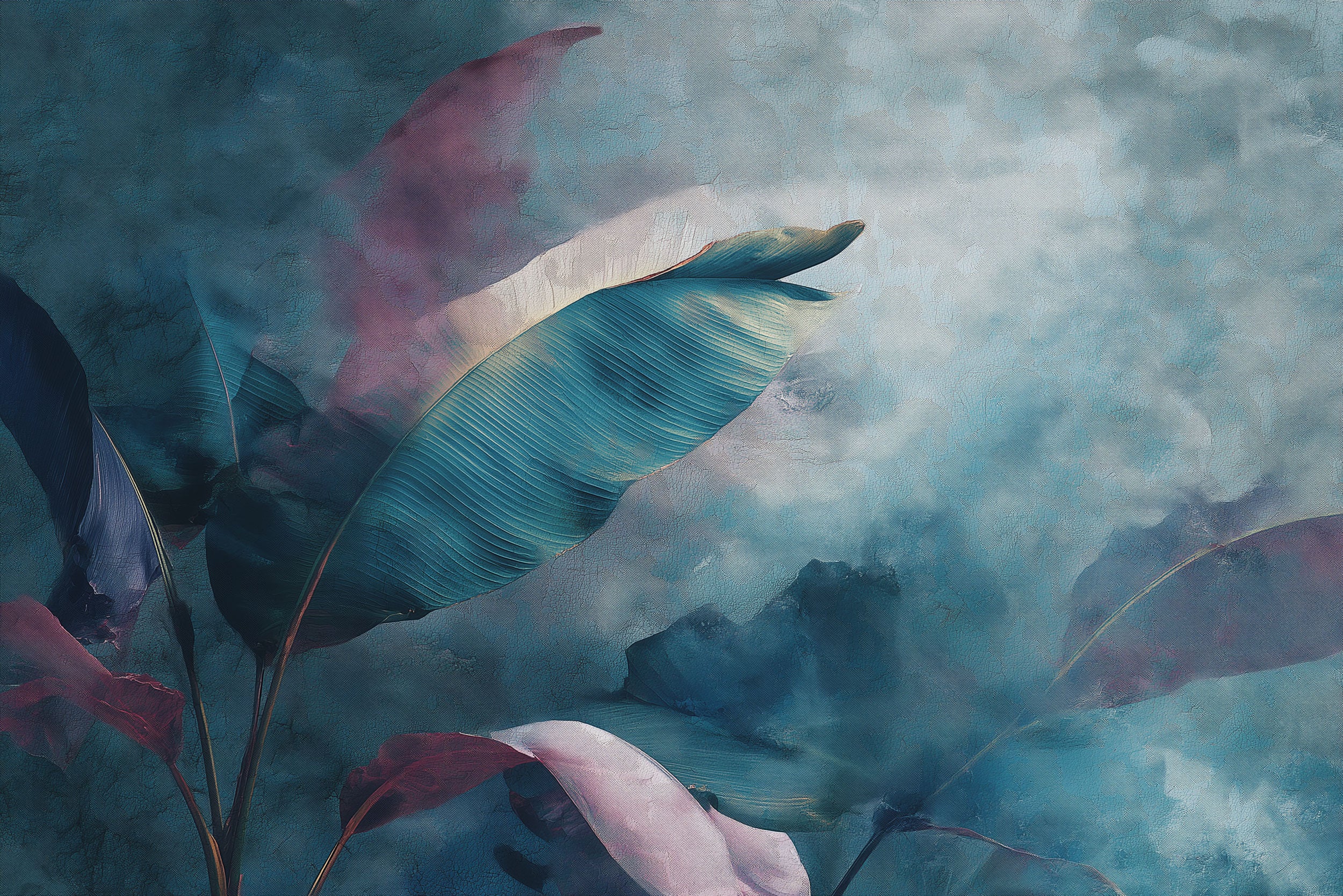 Abstract tropical leaves mural in teal and purple watercolor style with large teal leaf and soft pink accents on a moody wall