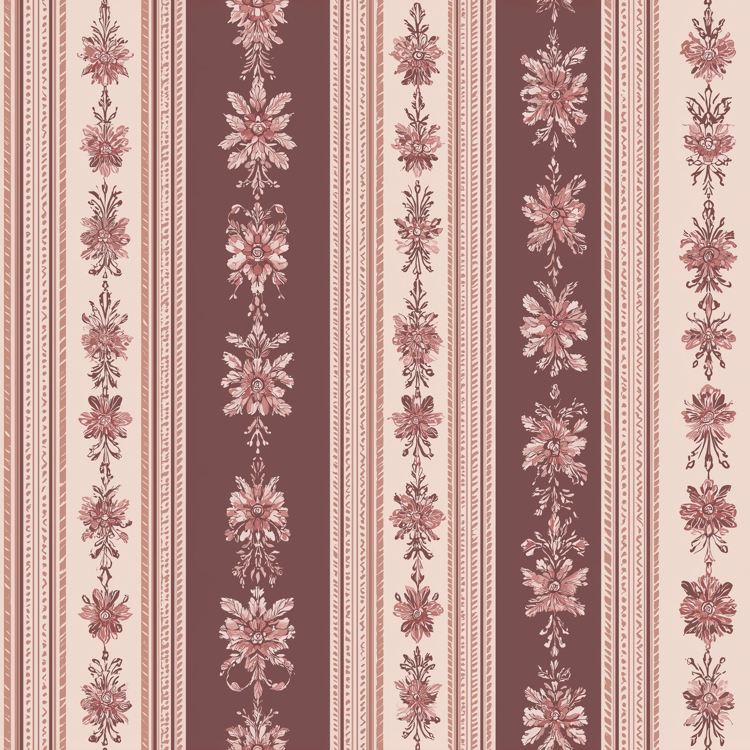 Vintage floral striped wallpaper with dusty rose and cream vertical damask motifs in a removable peel and stick design