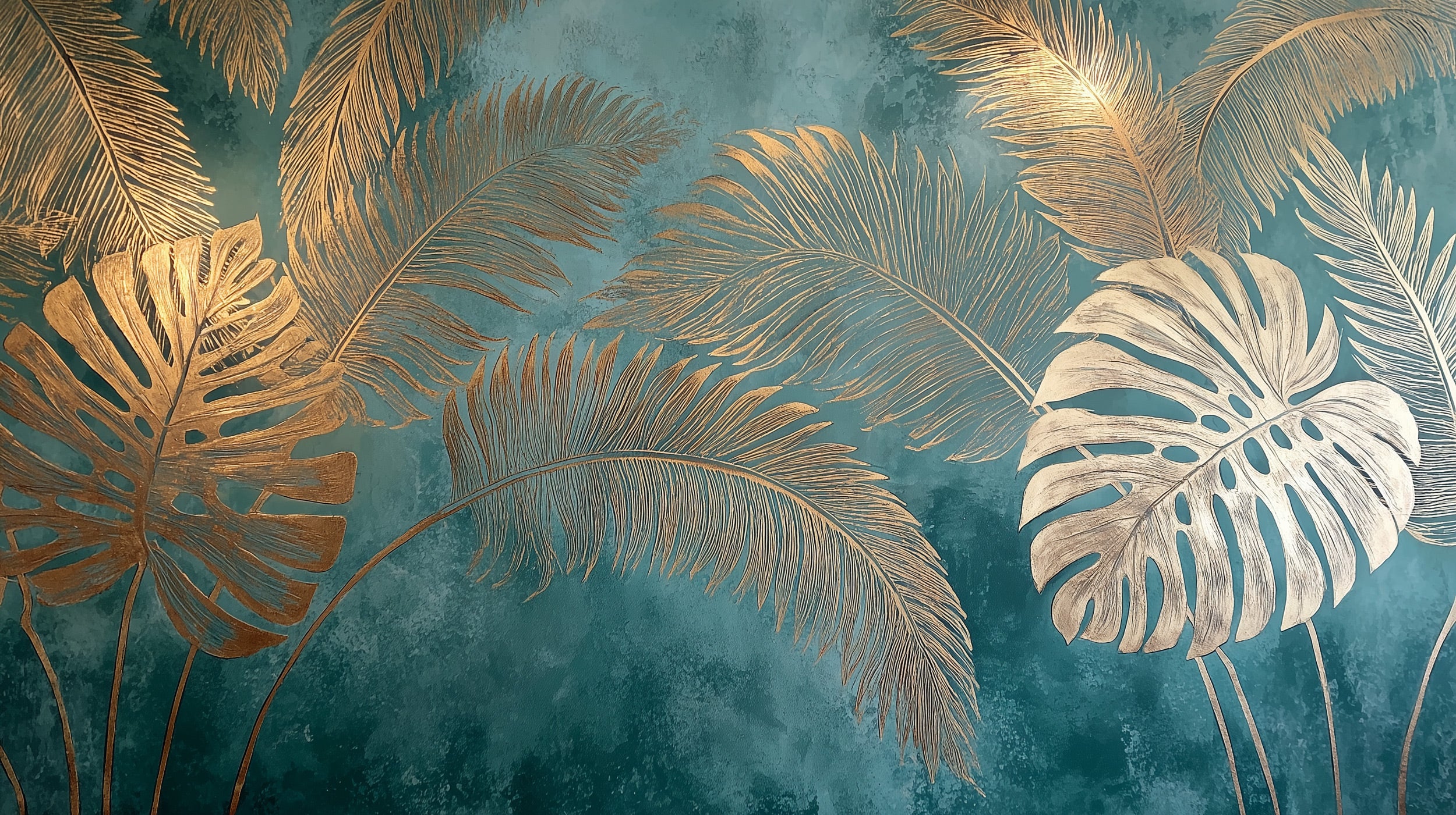 Tropical palm leaves mural with gold fronds on teal watercolor backdrop for living room decor, self-adhesive peel and stick