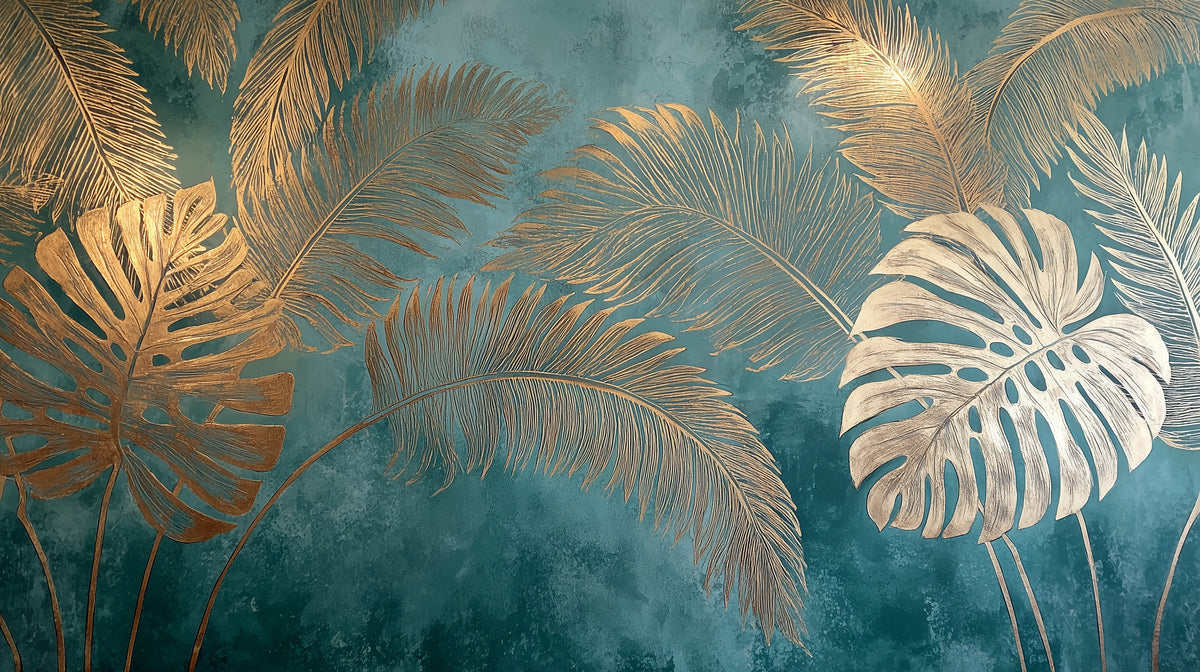 Tropical Wall Mural - Palm Leaf Mural | Gold Palm Mural - Teal Botanical Monstera and Palm Leaves Peel and Stick Mural