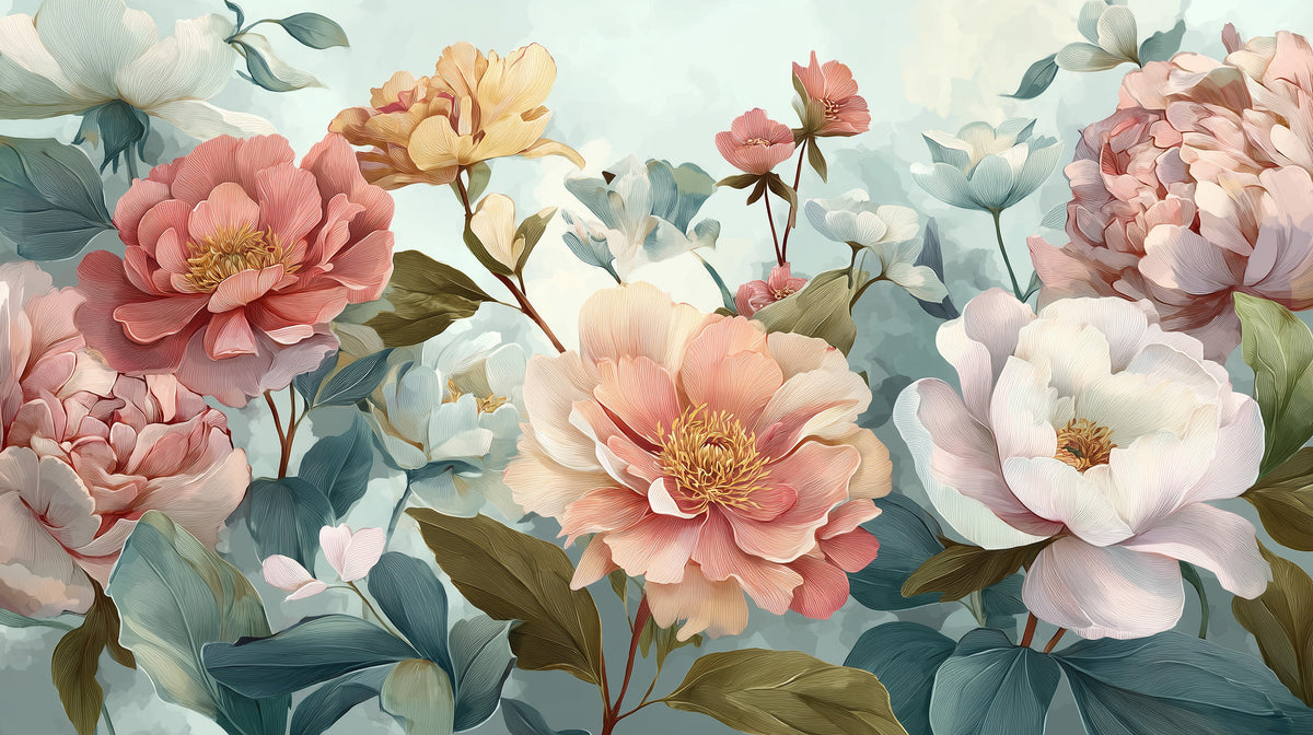 Peony Wall Mural - Pastel Floral Art | Pink Green Decor, Large Peonies, Elegant Botanicals, Peel and Stick Mural, Romantic Floral Wall Decor