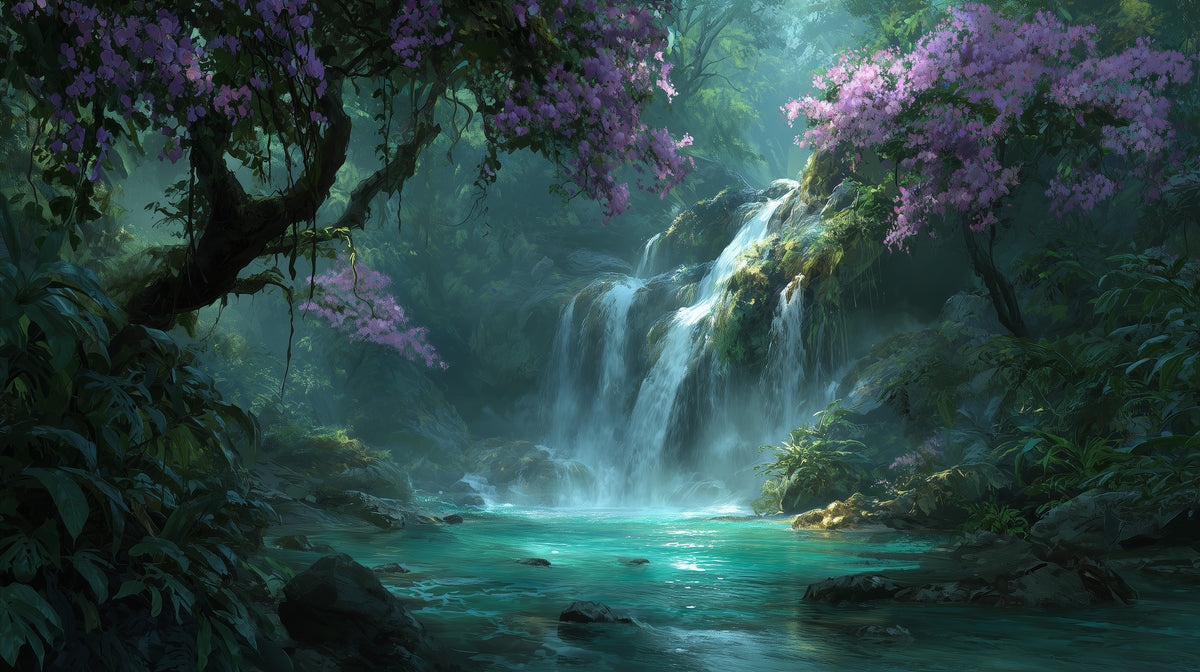 Tropical Jungle Waterfall Wall Mural | Emerald Lagoon, Purple Flowers, Moody Rainforest Peel and Stick Mural, Bedroom Bathroom Living Room Decor