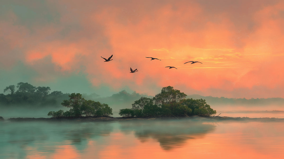 Tropical Mangrove Sunrise Wall Mural | Birds Over Calm Water, Coral Teal Landscape, Peel and Stick Mural for Living Room Bedroom Decor