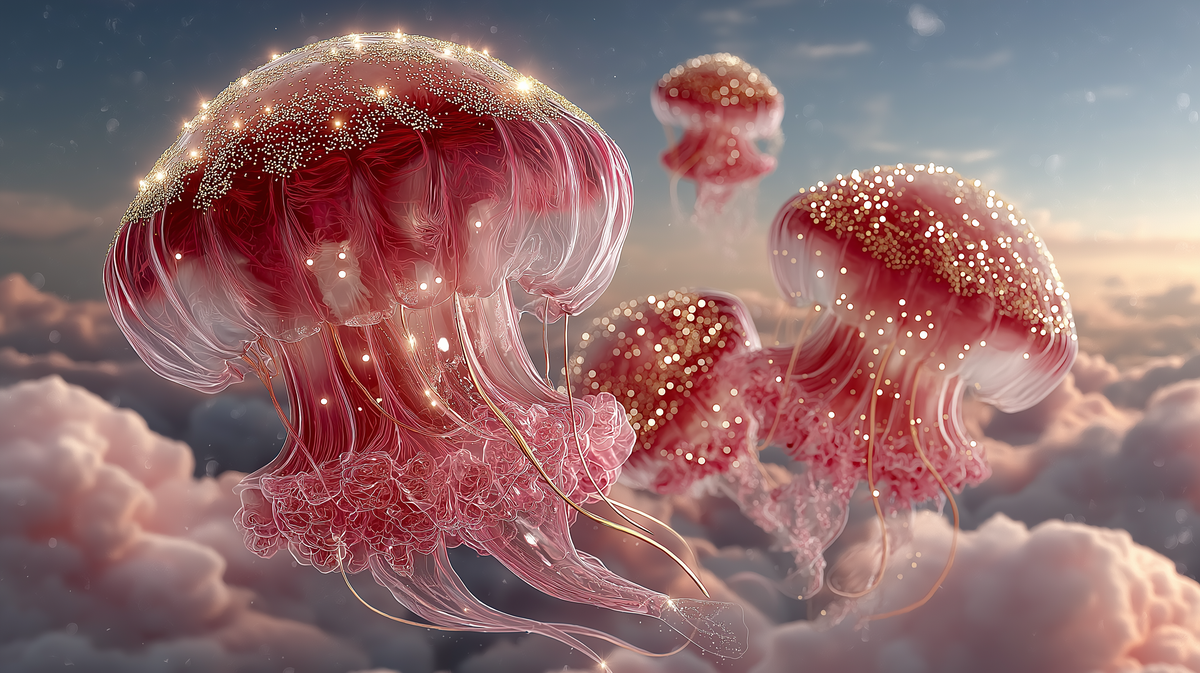 Surreal Jellyfish - Pink Dreamscape | Fantasy Wall Decor - Floating Jellyfish, Gold Sparkles, Cloudscape, Peel and Stick Bedroom Wall Mural