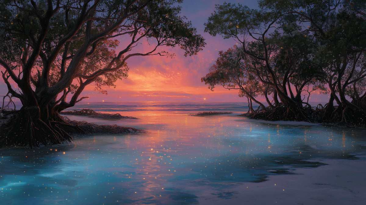 Coastal Wall Mural - Sunset Wall Mural | Bioluminescent - Glowing Blue Ocean Mangrove Landscape Peel and Stick Mural