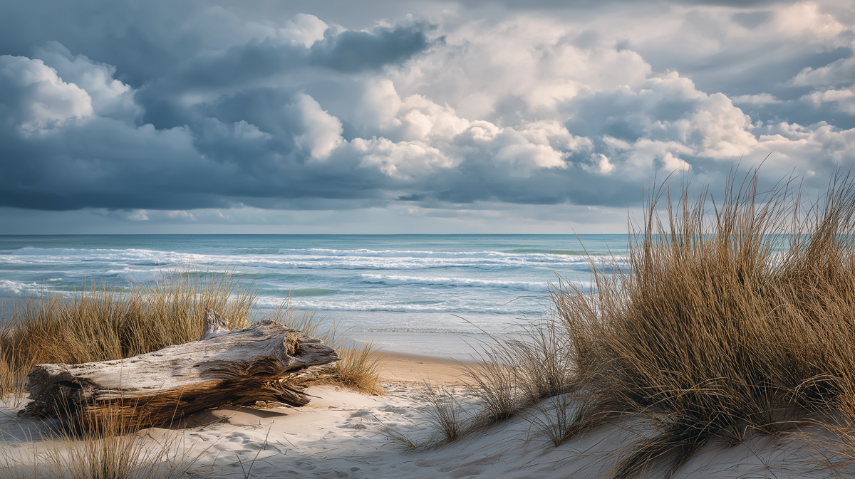 Coastal Dunes Wall Mural | Driftwood, Sea Grass & Ocean Waves, Moody Beach Landscape, Peel and Stick Mural, Coastal Bathroom Decor