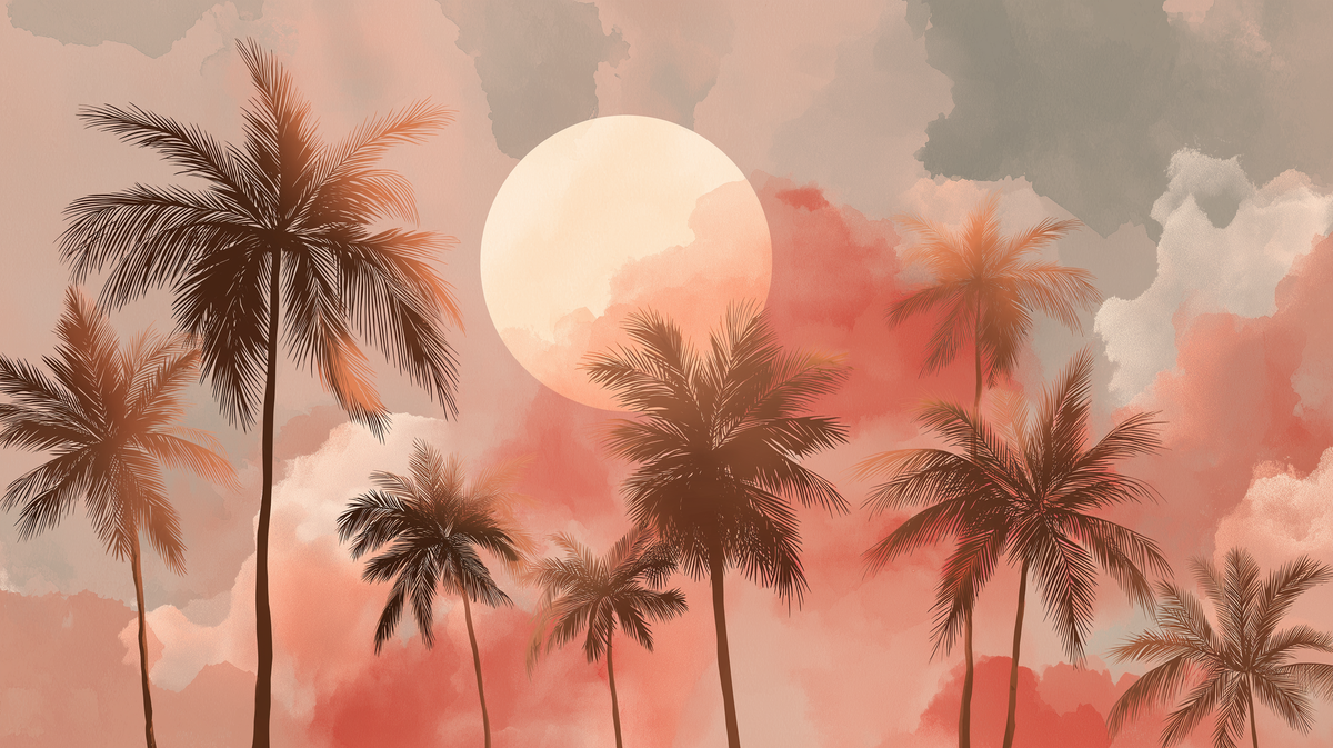 Tropical Sunset Palm Tree Wall Mural | Warm Coral Watercolor Sky, Coastal Peel and Stick Mural, Bedroom Bathroom Living Room Decor