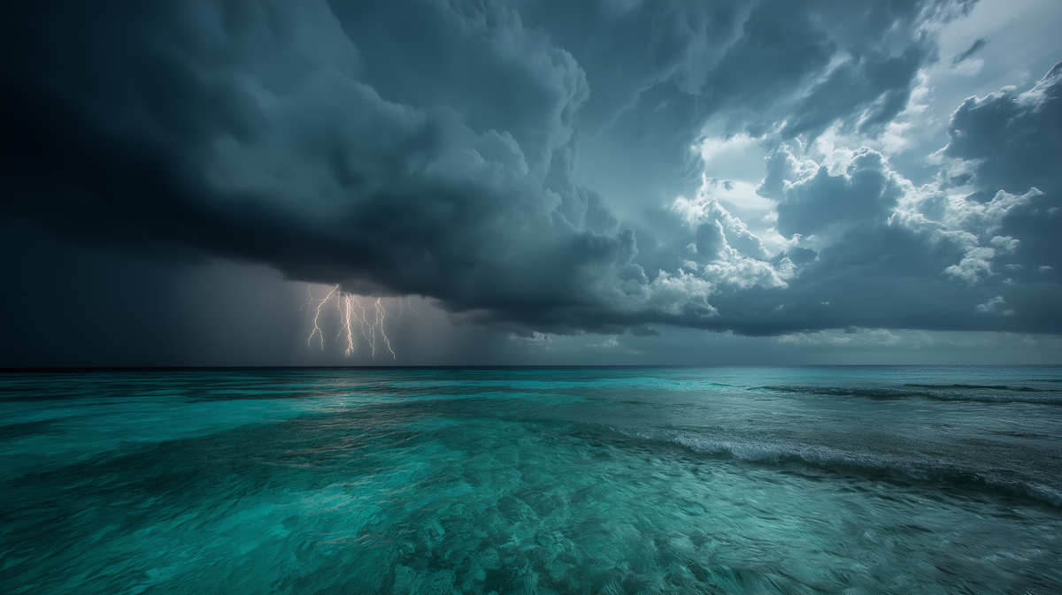 Tropical Storm Wall Mural | Lightning Over Turquoise Ocean, Moody Coastal Peel and Stick Mural, Dramatic Beach Wall Decor