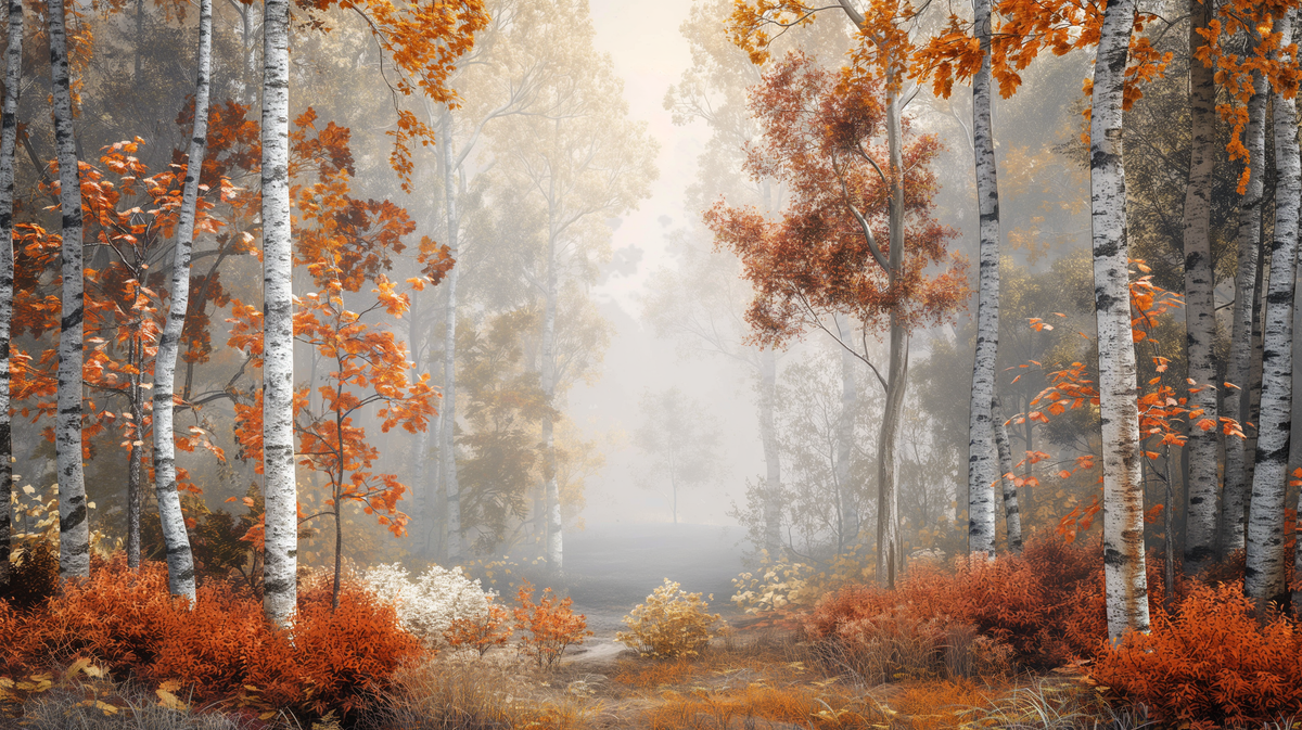 Autumn Birch Forest Wall Mural | Misty Woodland, Golden Orange Trees, Peel and Stick Mural, Cozy Bedroom Living Room Decor