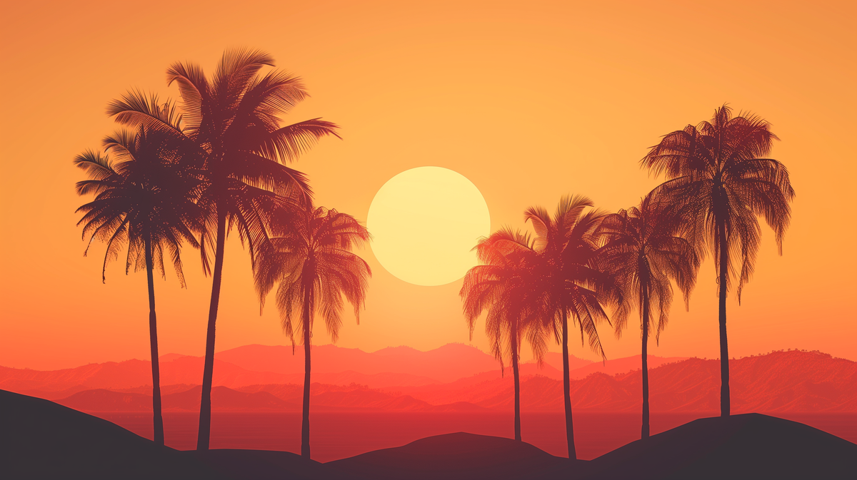 Tropical Sunset Palm Wall Mural | Retro 1960s Beach Landscape, Orange Red Palm Trees Peel and Stick Mural, Mid Century Bedroom Decor