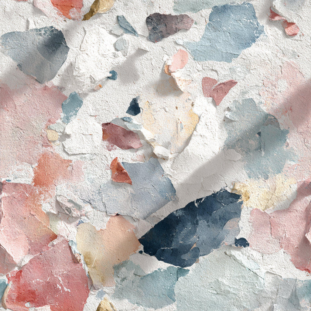 Close-up of distressed multicolor wallpaper with chipped coral, blue, cream, and navy tones simulating paint texture