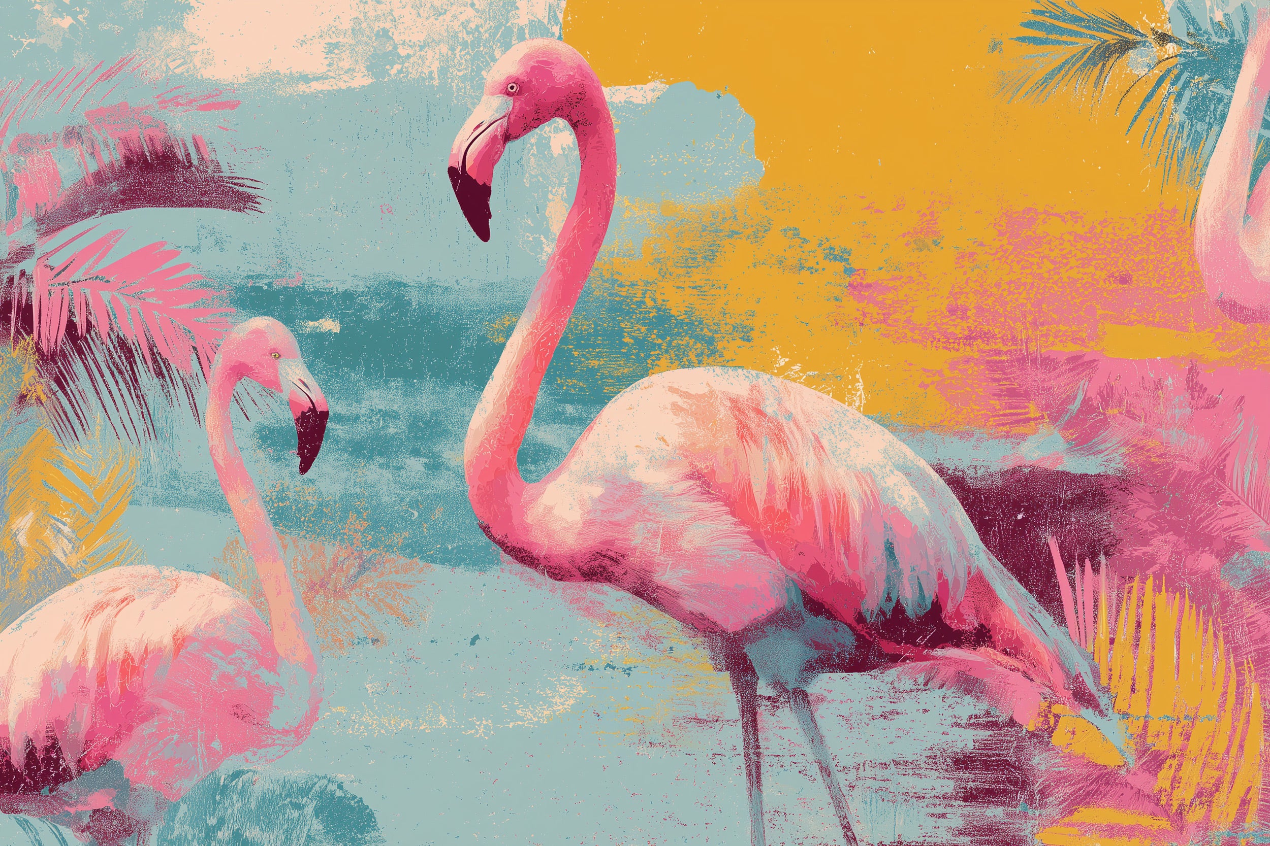 Vibrant tropical flamingos in pink against turquoise water and golden sunset hues with watercolor brush textures