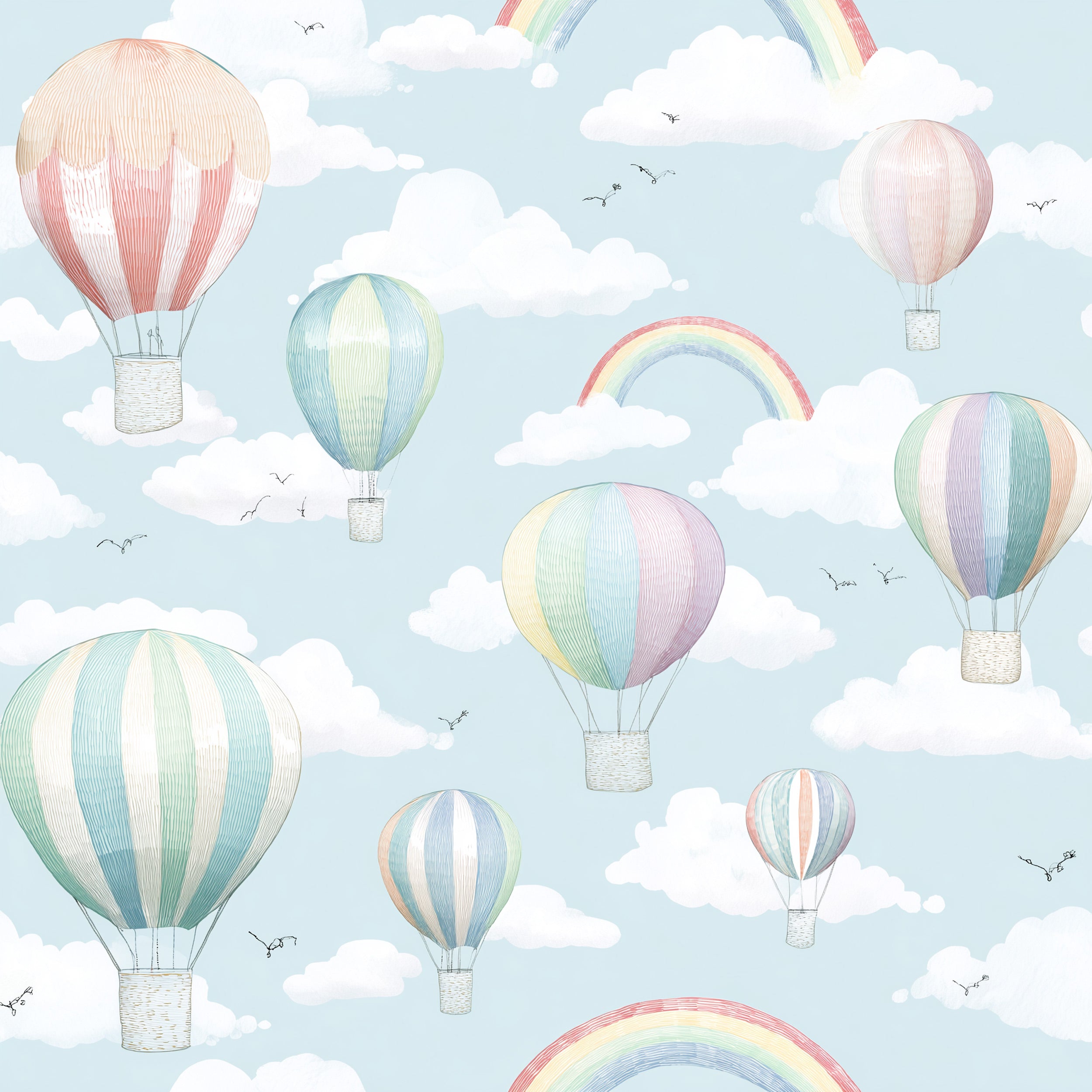 Soft blue sky hot air balloon wallpaper with pastel striped balloons, white clouds, and tiny birds for a whimsical kids room