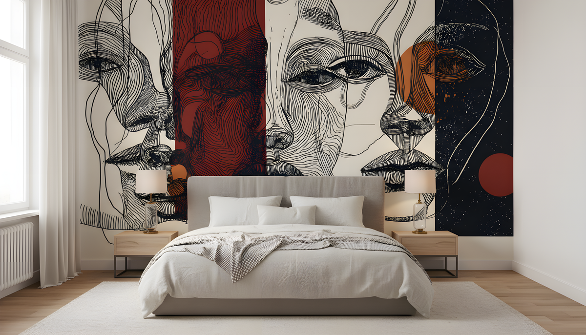 Abstract Faces Wall Mural | Black Rust Beige Line Art Portraits, Modern Geometric Peel and Stick Mural, Contemporary Living Room Decor