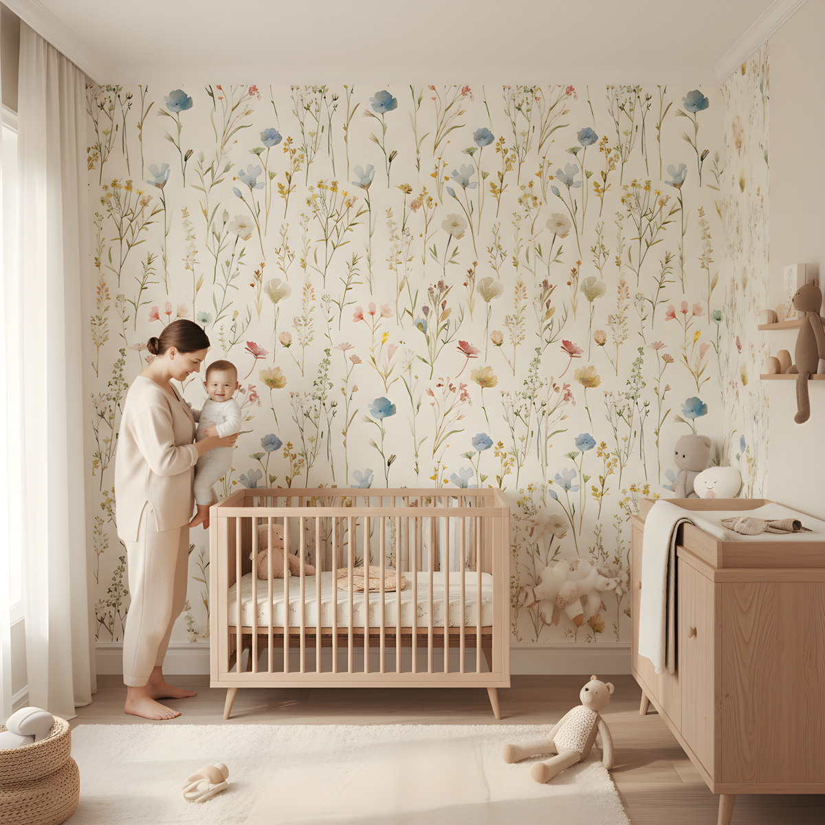 Beige Wildflower Wallpaper | Watercolor Floral Pattern, Blue Yellow Botanical Peel and Stick Wallpaper, Neutral Bedroom Nursery Decor