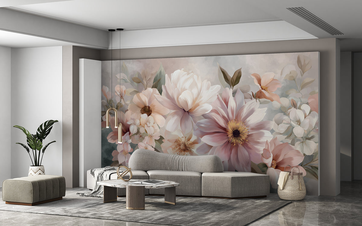 Elegant pastel floral mural for bedroom wall decor