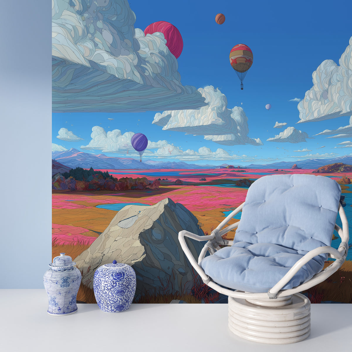 Surreal Wall Mural - Hot Air Balloon Art | Colorful Landscape, Blue River, Pink Orange Fields, Dream Clouds, Peel and Stick Fantasy Wall Art