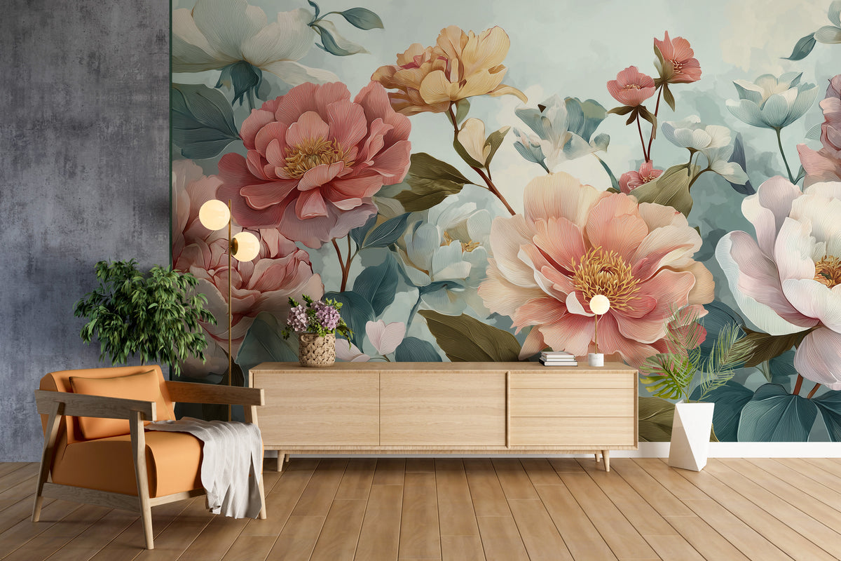 Peony Wall Mural - Pastel Floral Art | Pink Green Decor, Large Peonies, Elegant Botanicals, Peel and Stick Mural, Romantic Floral Wall Decor