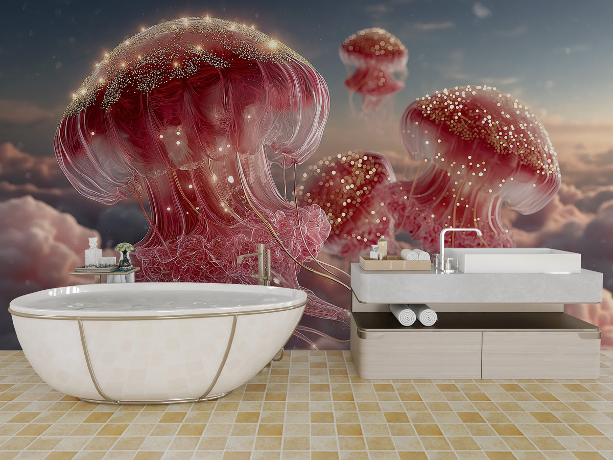 Surreal Jellyfish - Pink Dreamscape | Fantasy Wall Decor - Floating Jellyfish, Gold Sparkles, Cloudscape, Peel and Stick Bedroom Wall Mural