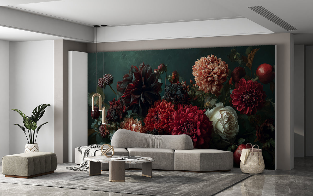 Dark Floral Mural - Dahlia Wall Mural | Moody Floral - Burgundy Red Dahlias and Cream Roses Botanical Peel and Stick Mural