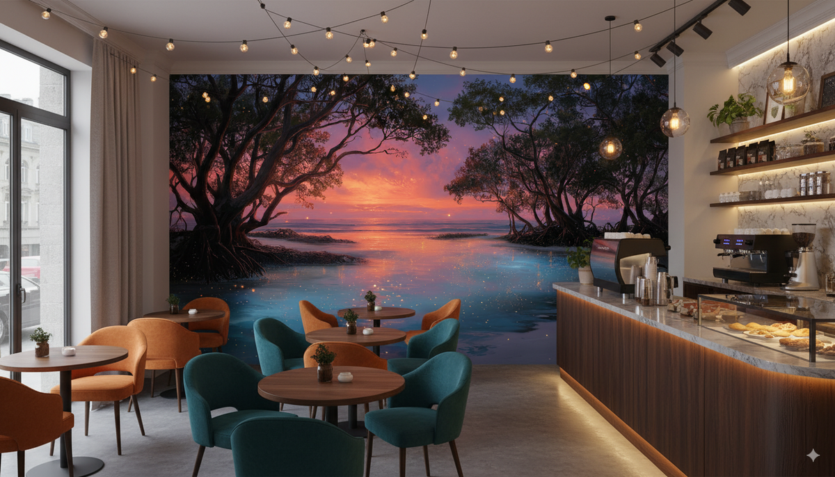 Coastal Wall Mural - Sunset Wall Mural | Bioluminescent - Glowing Blue Ocean Mangrove Landscape Peel and Stick Mural