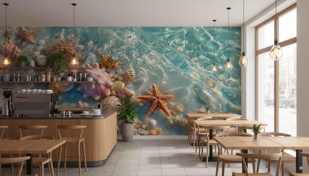 Seashell Wall Mural - Starfish Beach Art | Coastal Bathroom - Ocean Waves, Pink Shells, Sandy Shore, Removable Peel and Stick Beach Decor 2.