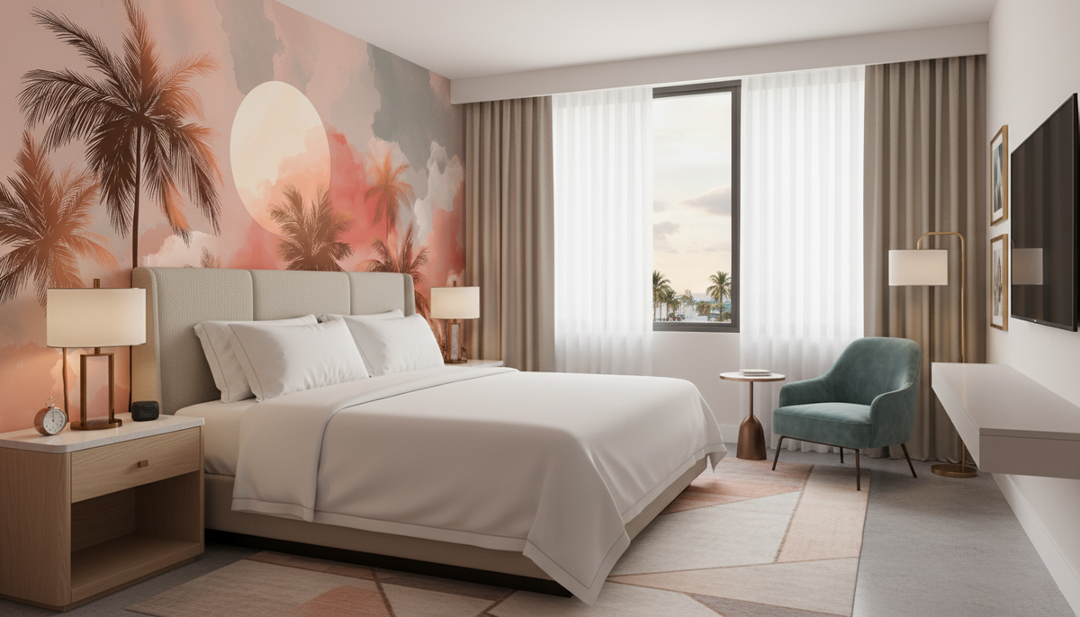 Tropical Sunset Palm Tree Wall Mural | Warm Coral Watercolor Sky, Coastal Peel and Stick Mural, Bedroom Bathroom Living Room Decor