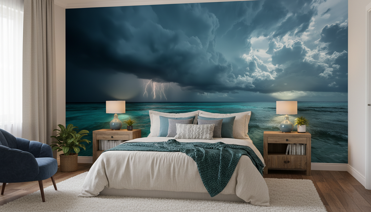 Tropical Storm Wall Mural | Lightning Over Turquoise Ocean, Moody Coastal Peel and Stick Mural, Dramatic Beach Wall Decor