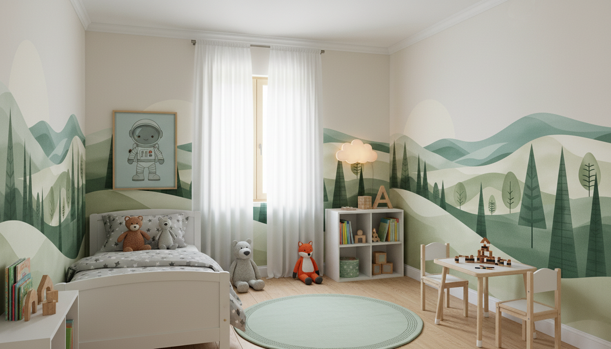 Mid Century Modern Landscape Wall Mural | Abstract Green Hills and Trees, Minimalist Nature Peel and Stick Mural, Bedroom Living Room Decor