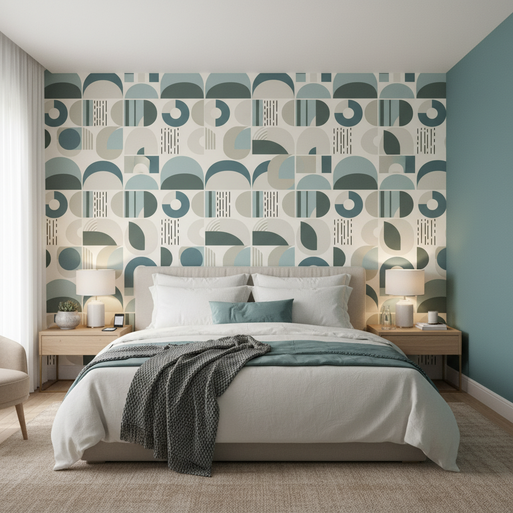 Scandinavian Geometric Wallpaper | Soft Blue Taupe Arches and Circles, Mid Century Peel and Stick Wallpaper, Minimalist Bedroom Decor