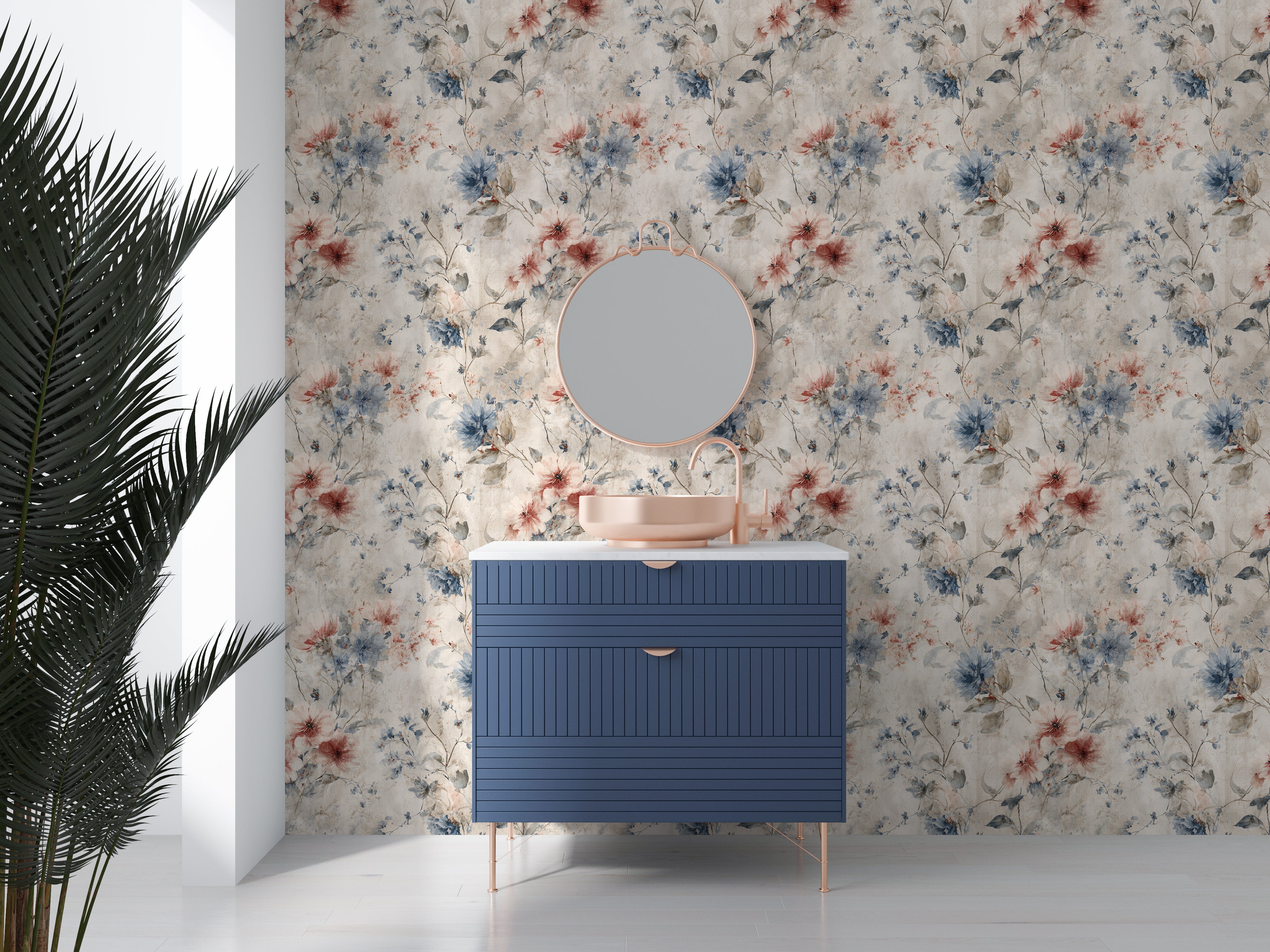 Watercolor vintage floral wall mural in beige blue and red