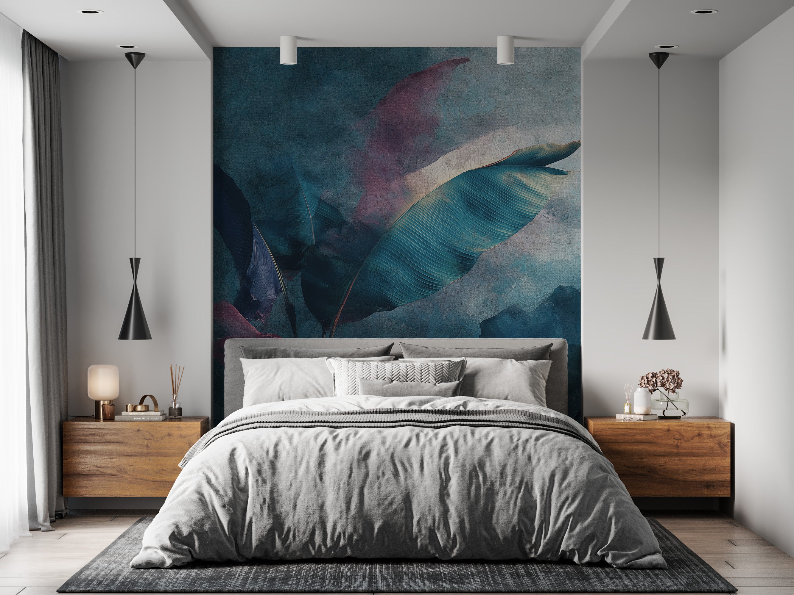 Abstract tropical leaves mural in teal purple tones as a bold bedroom feature wall with watercolor style