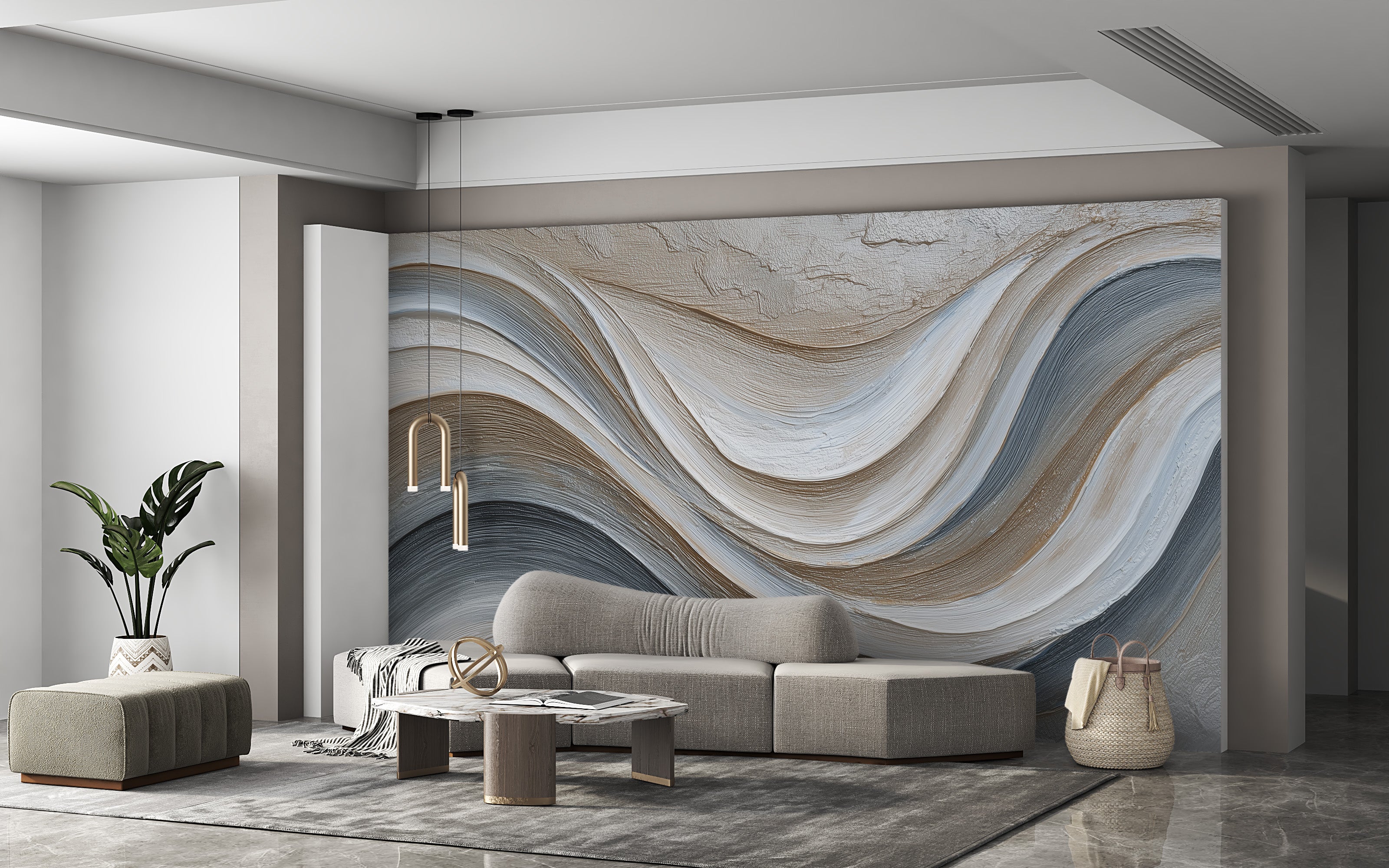 Abstract flowing waves mural in gray beige tones on living room wall with modern sofa and plant