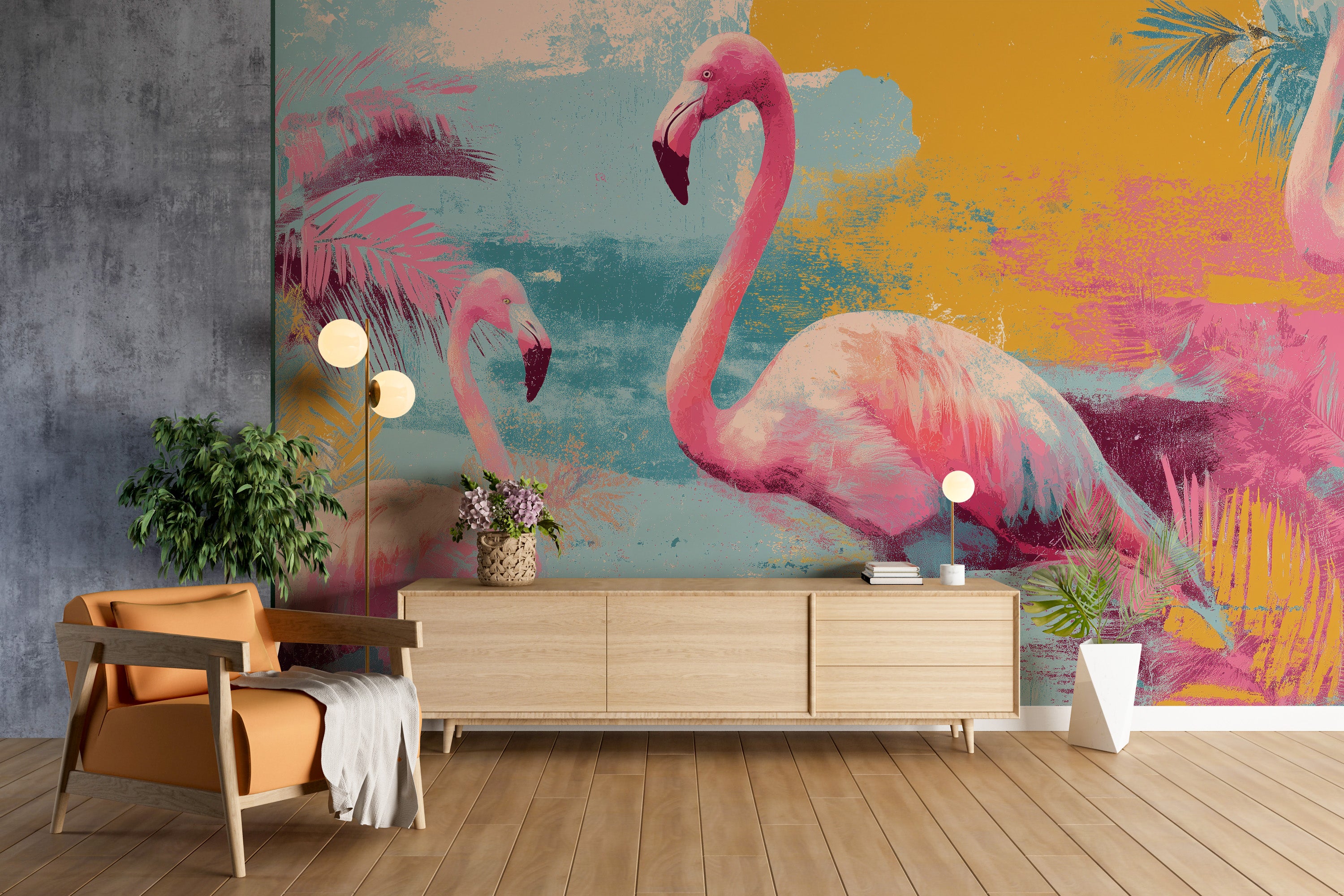 Vibrant tropical flamingo mural in pink turquoise and sunset hues on living room wall with mid-century console and plants