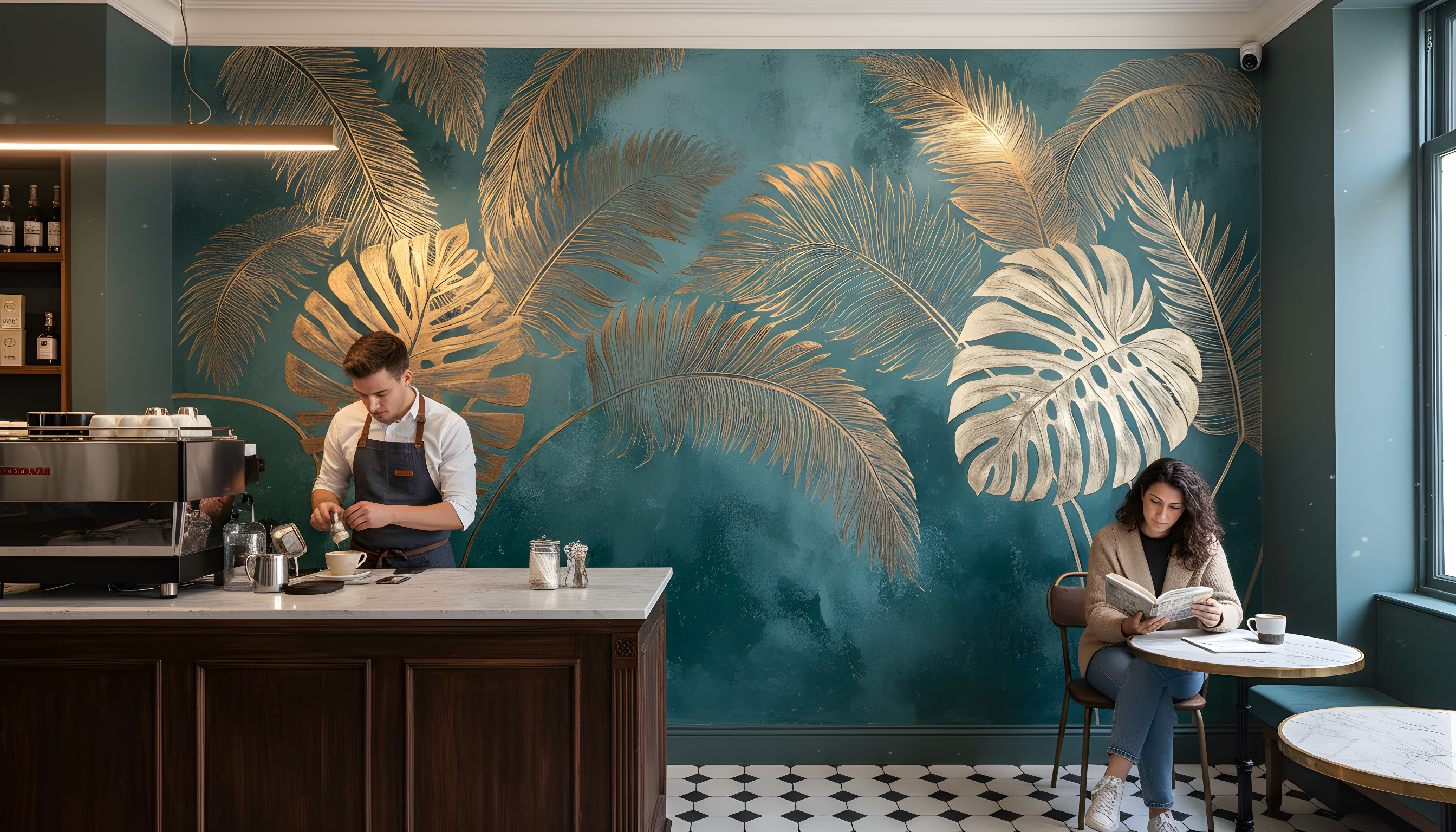 Teal tropical wall mural with gold palm fronds and monstera leaves in a cozy cafe setting, barista at counter and a customer