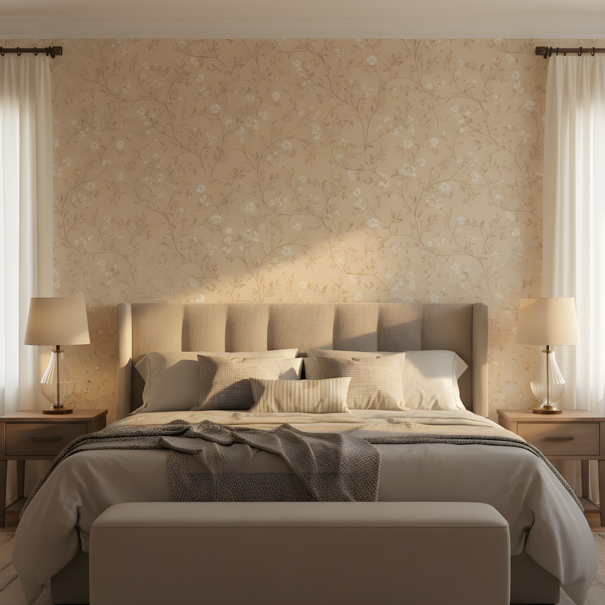 Beige Floral Wallpaper | Delicate White Flower Vine Pattern, Neutral Botanical Peel and Stick Wallpaper, Vintage Bedroom Decor