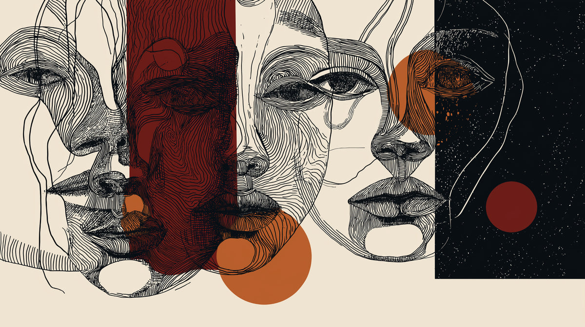 Abstract Faces Wall Mural | Black Rust Beige Line Art Portraits, Modern Geometric Peel and Stick Mural, Contemporary Living Room Decor