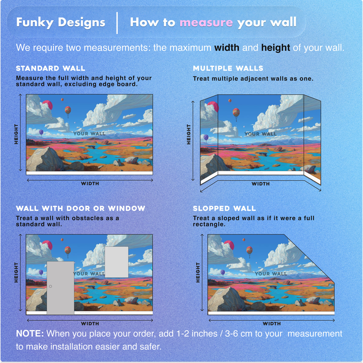 Surreal Wall Mural - Hot Air Balloon Art | Colorful Landscape, Blue River, Pink Orange Fields, Dream Clouds, Peel and Stick Fantasy Wall Art