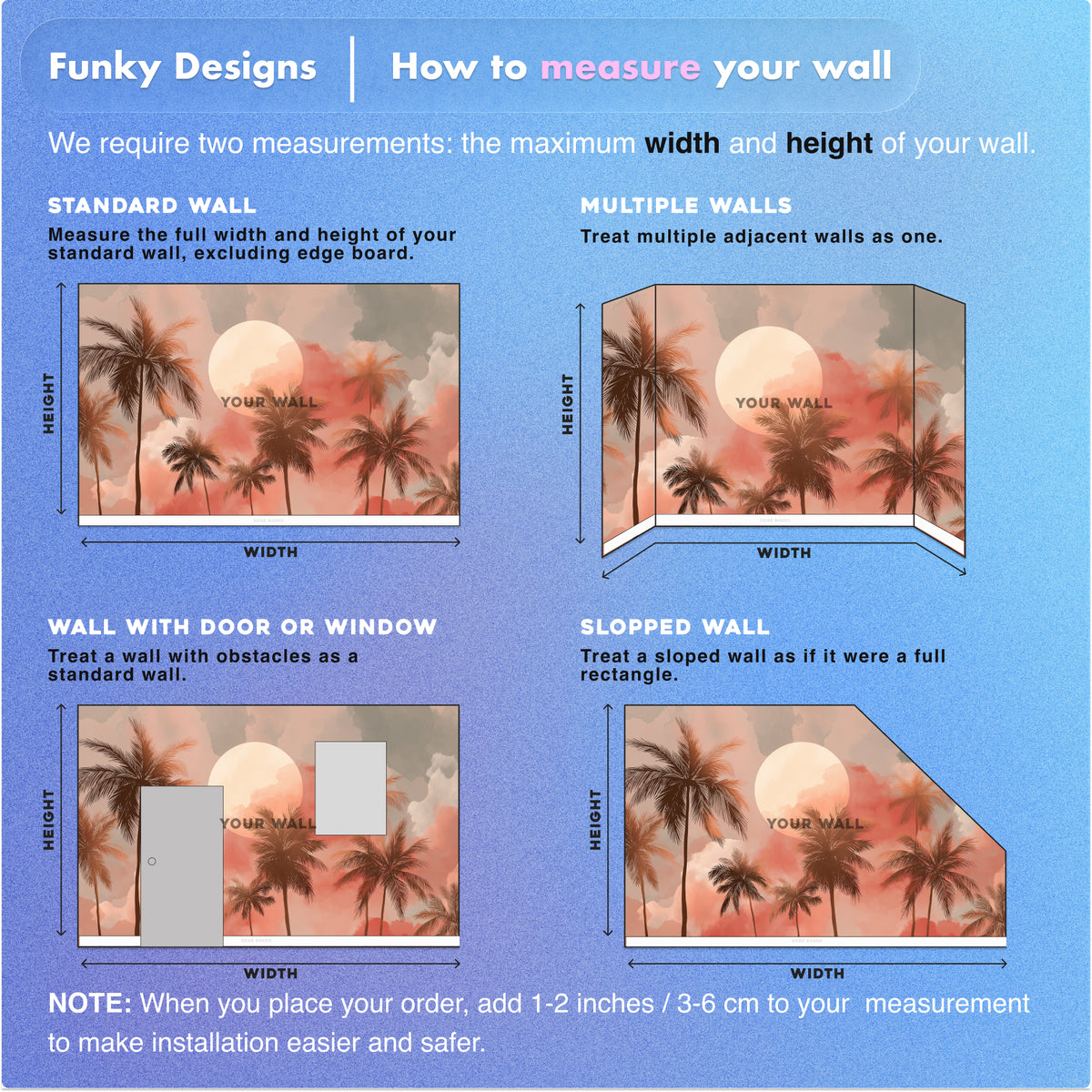 Tropical Sunset Palm Tree Wall Mural | Warm Coral Watercolor Sky, Coastal Peel and Stick Mural, Bedroom Bathroom Living Room Decor