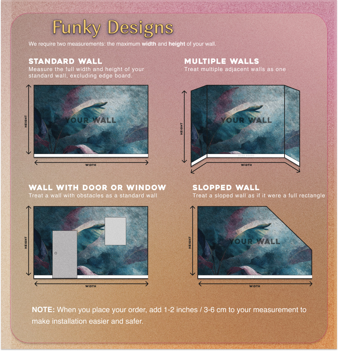 Abstract tropical leaves mural in teal and purple watercolor style, peel and stick, modern living room wall decor