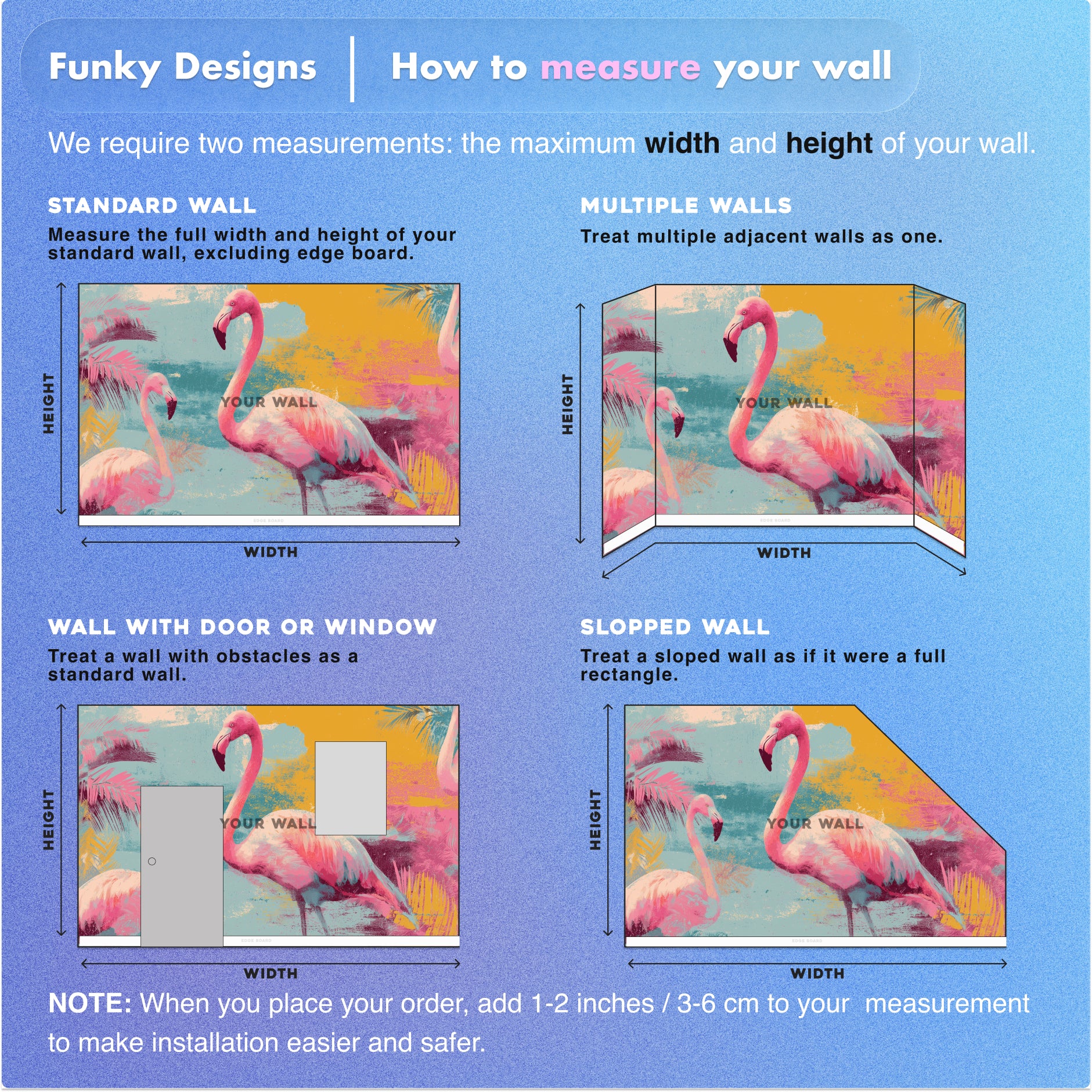Vibrant tropical flamingo mural in pink and turquoise watercolor style, peel and stick wall art for living room