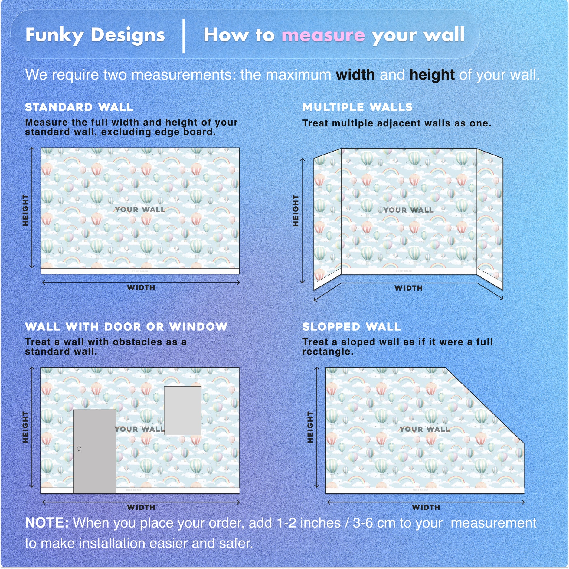 Whimsical pastel hot air balloons and clouds wallpaper pattern for kids room, removable self-adhesive vinyl with rainbow