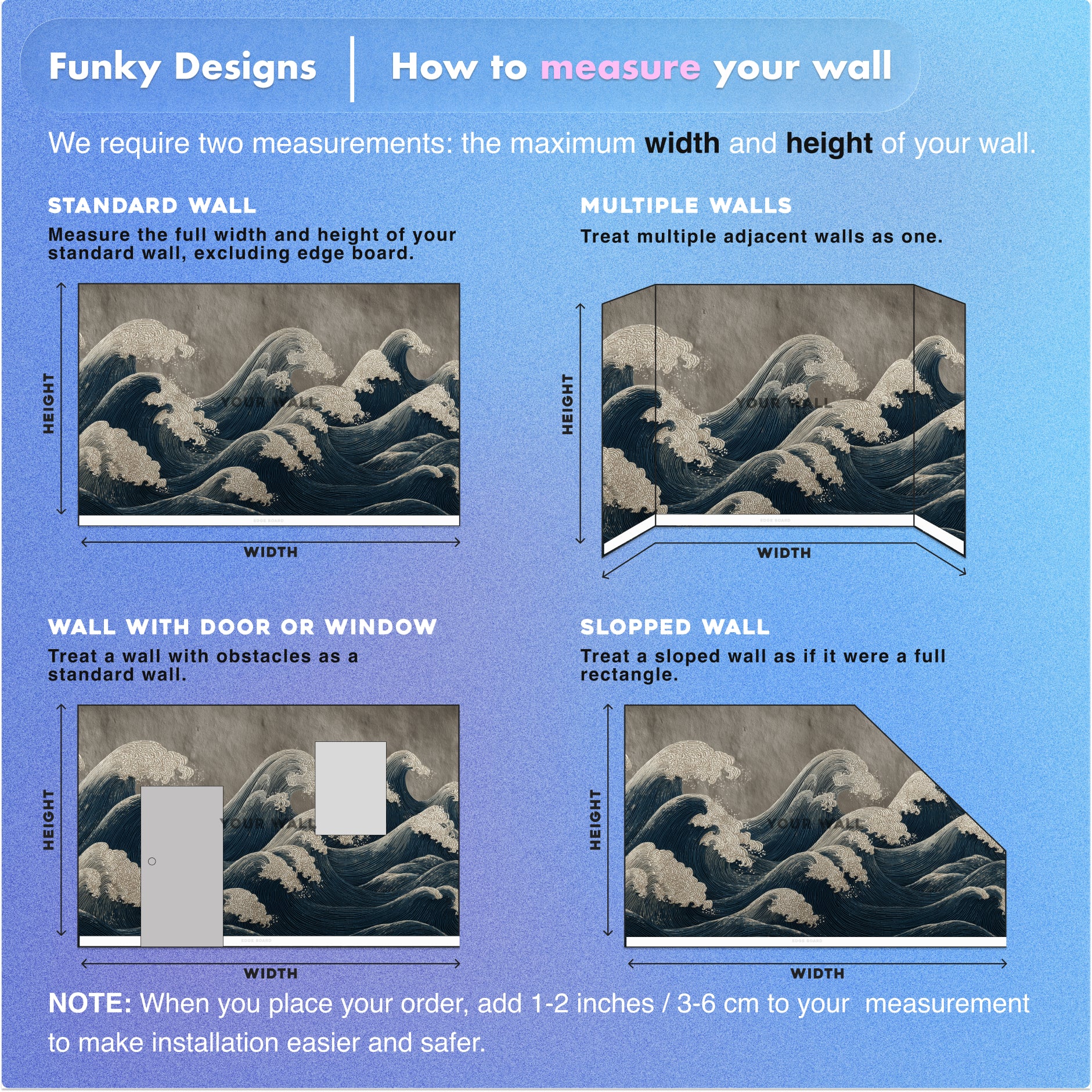 Japanese ocean waves mural in navy blue cream tones with traditional woodblock style on a living room wall example