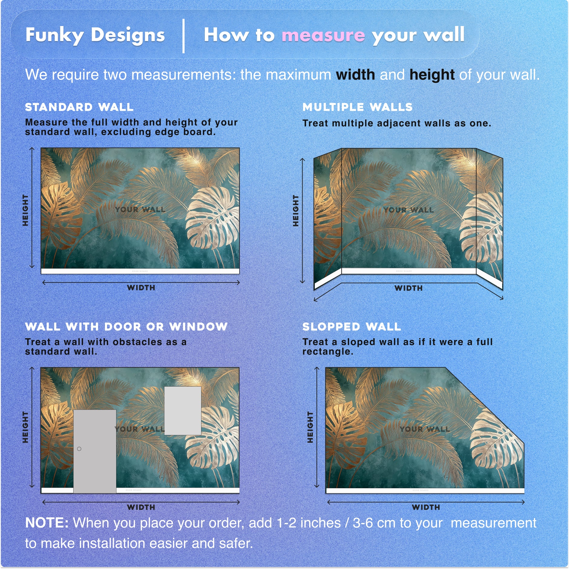 Tropical palm leaves mural with golden fronds on teal background wall art for living room, self-adhesive peel and stick decor