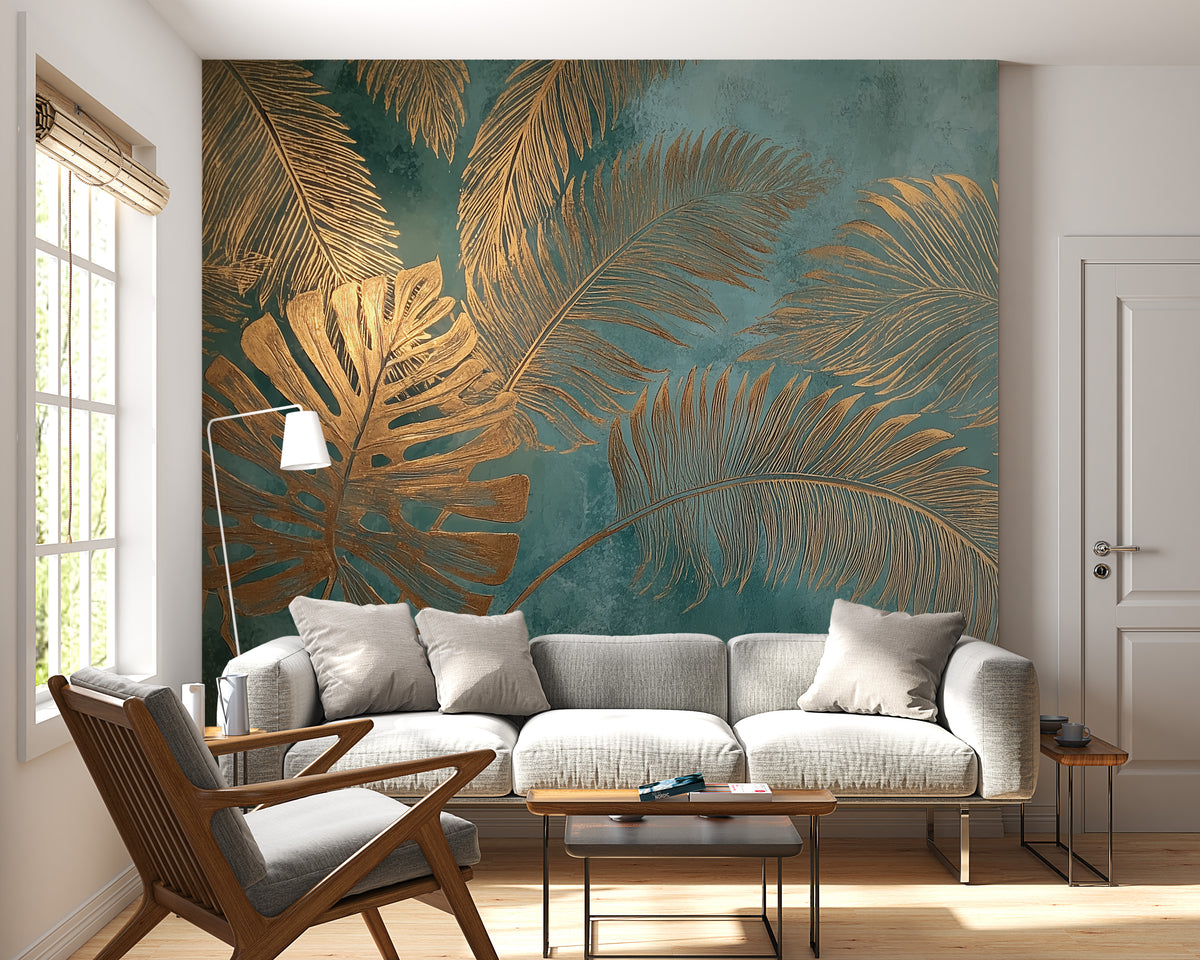 Tropical Wall Mural - Palm Leaf Mural | Gold Palm Mural - Teal Botanical Monstera and Palm Leaves Peel and Stick Mural