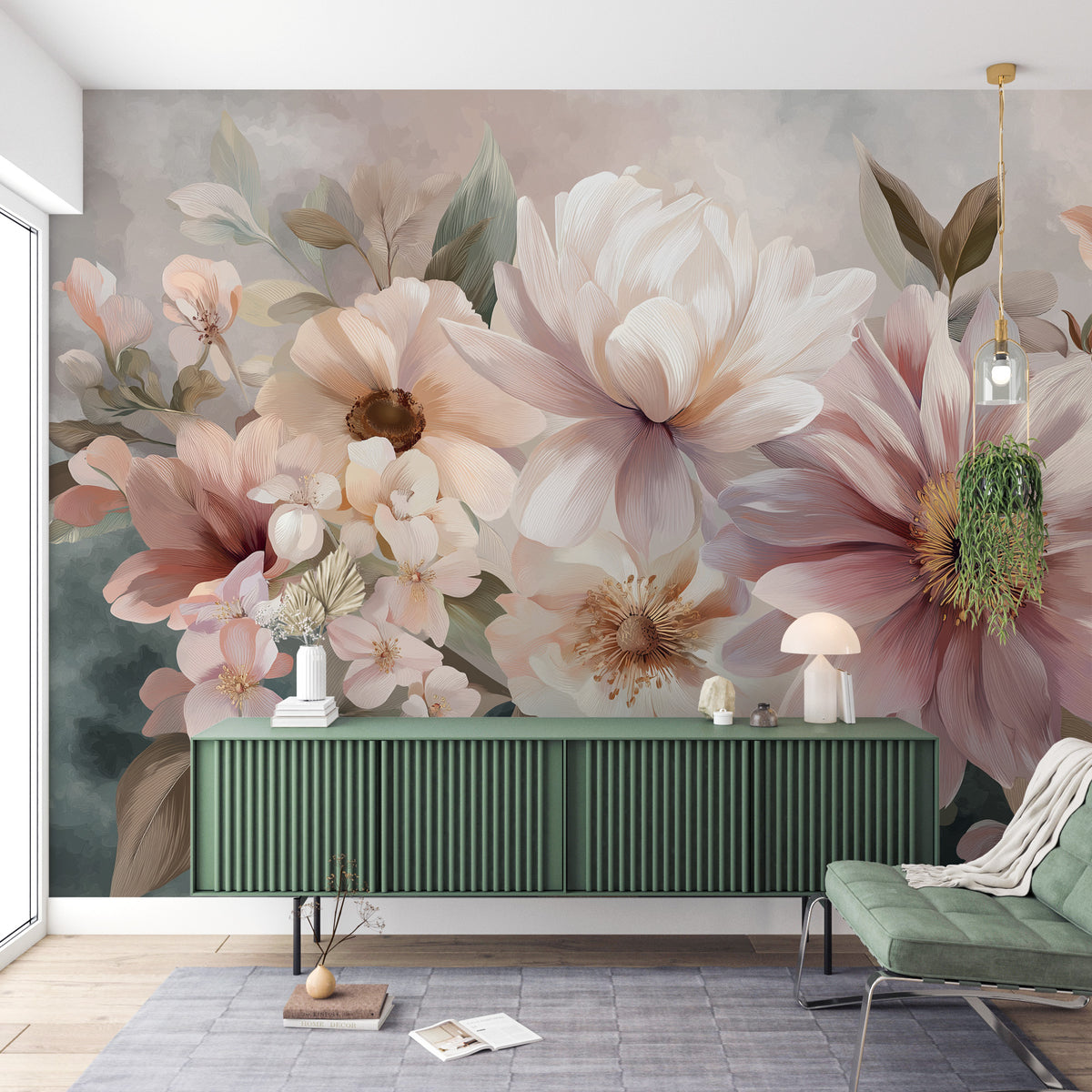 Pastel pink floral wall mural with oversized flowers