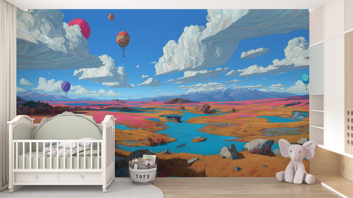 Surreal Wall Mural - Hot Air Balloon Art | Colorful Landscape, Blue River, Pink Orange Fields, Dream Clouds, Peel and Stick Fantasy Wall Art