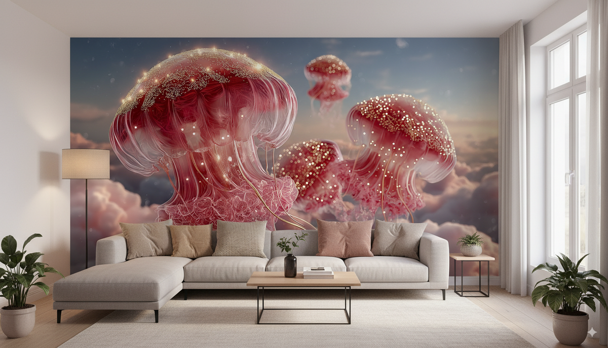 Surreal Jellyfish - Pink Dreamscape | Fantasy Wall Decor - Floating Jellyfish, Gold Sparkles, Cloudscape, Peel and Stick Bedroom Wall Mural