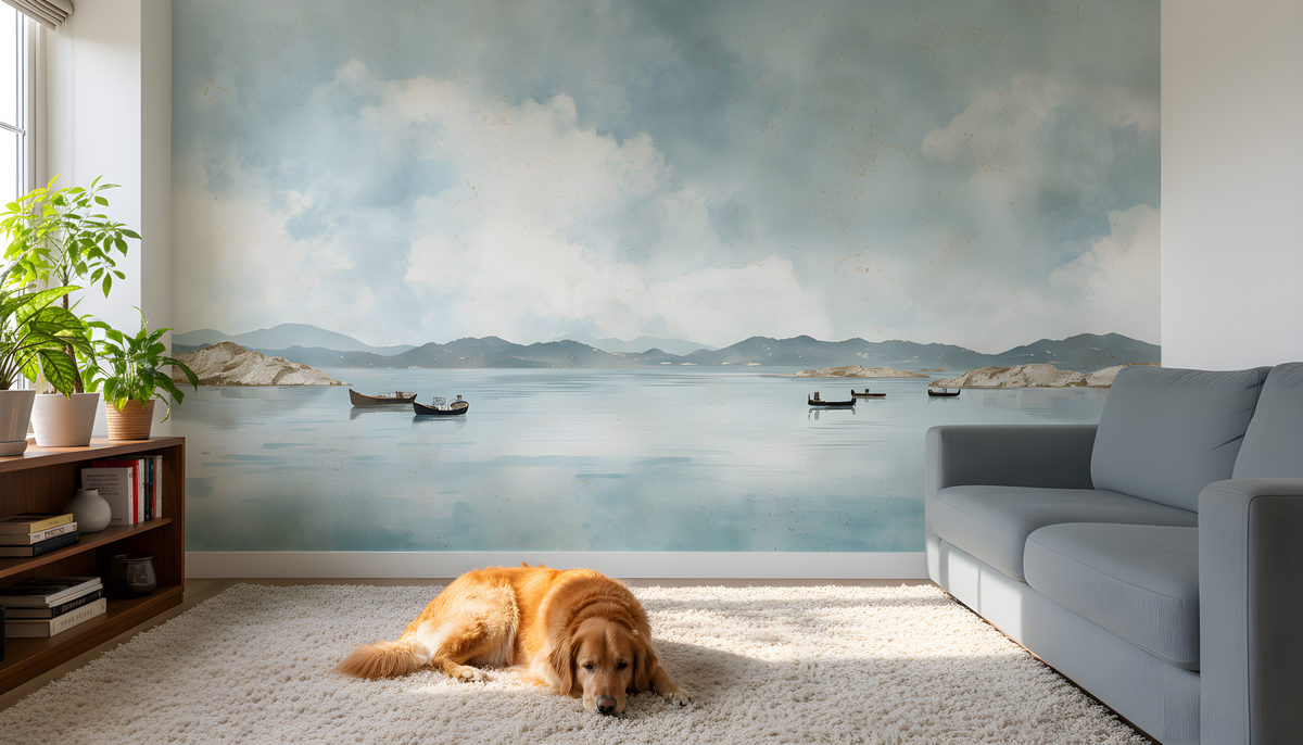 Coastal Wall Mural - Watercolor Mural | Ocean Landscape - Blue Seascape with Boats Mountains and Soft Horizon Peel and Stick Mural
